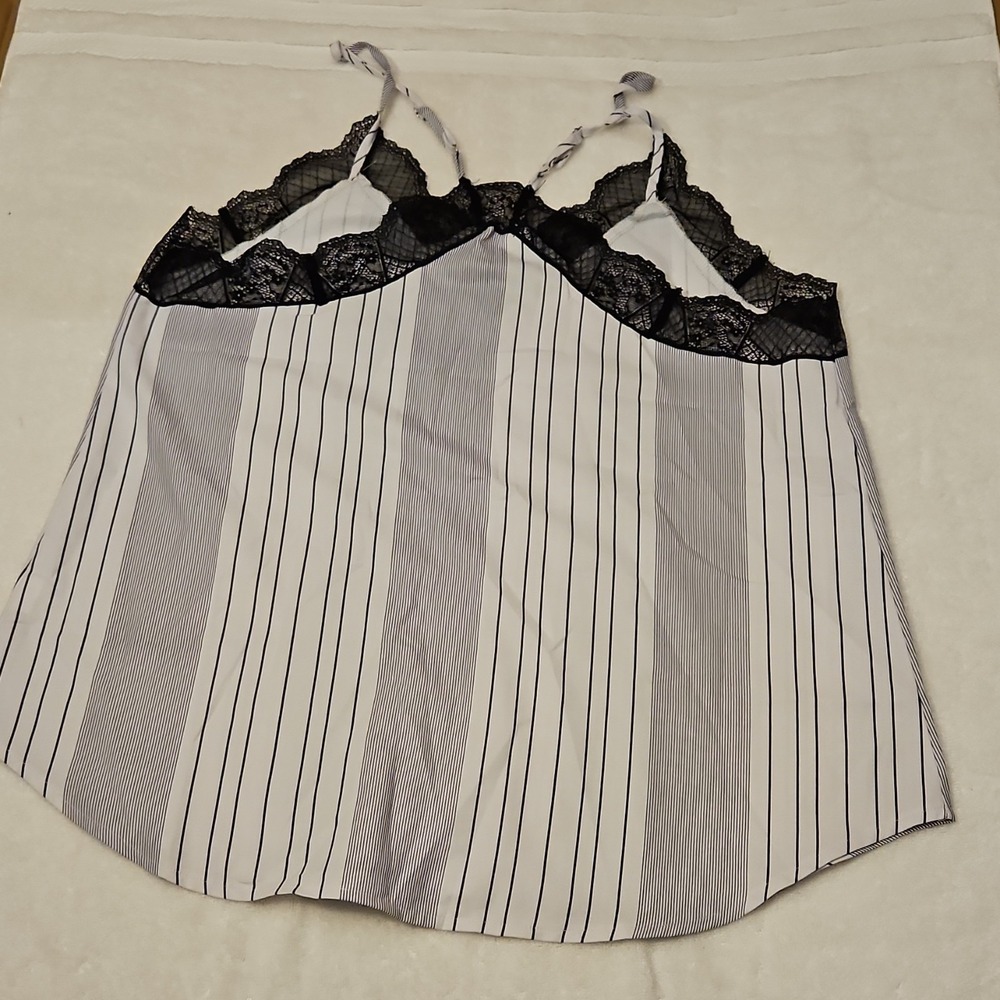 Striped Lace Trim Camisole Tank Top White Black Adjustable Strap Size L